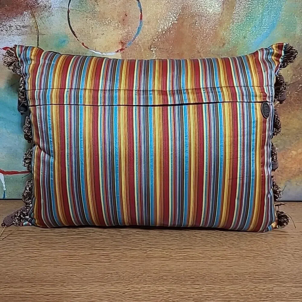 Pier 1 Imports Embroidered Floral Lumbar Pillow Orange Brown Fringe 13x18
